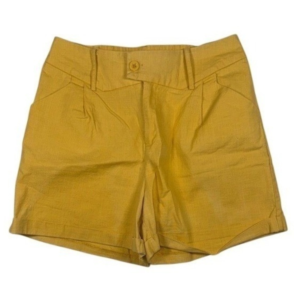 Belle Poque Shorts Womens L High Waisted Yellow Pleated Cuffed Cotton Blend